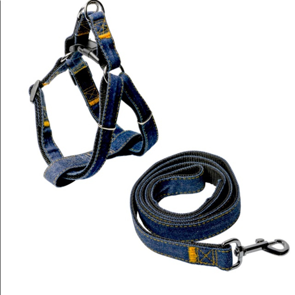 NEW NWT HEAD TILT DENIM DOG HARNESS & LEASH SET SIZE M 12”-21”